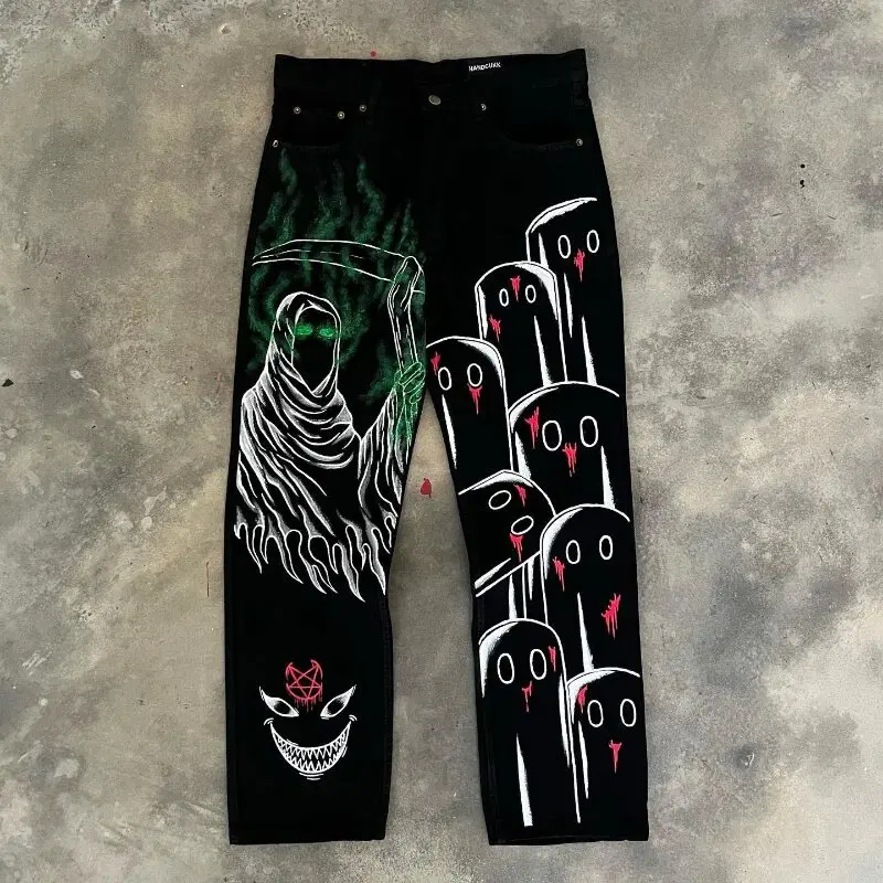Cartoon Summer Men Women Loose Jeans Hip Hop Harajuku Embroidered Wide Leg Vintage High Quality Pants Goth Streetwear Trousers
