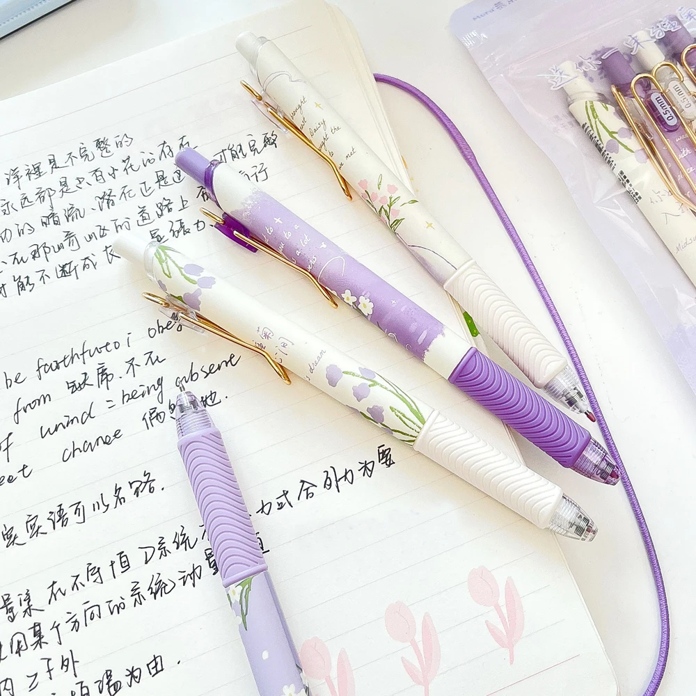 4 Pcs/Set Cute Daisy Flower Gel Pen Quick-Drying Retractable 0.5mm Black Ink Pens Writing Stationery Student School Office