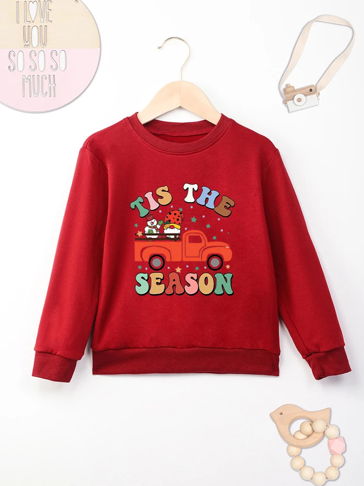 

Tis The Season Christmas Kids Sweatshirt Red Cute Snowman Gnome Print Baby Boy Girl Clothes Party Festival Vibe Children Hoodie