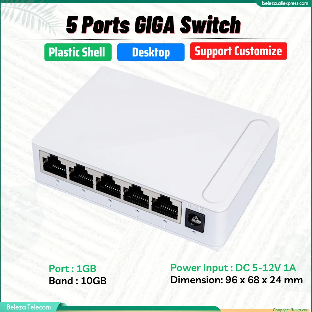 

5 Ports Gigabit Switch 10/100/1000Mbps 4P+1+1 GIGA Fiber Network Transmit Lan Hub High Performance Ethernet Smart Switcher