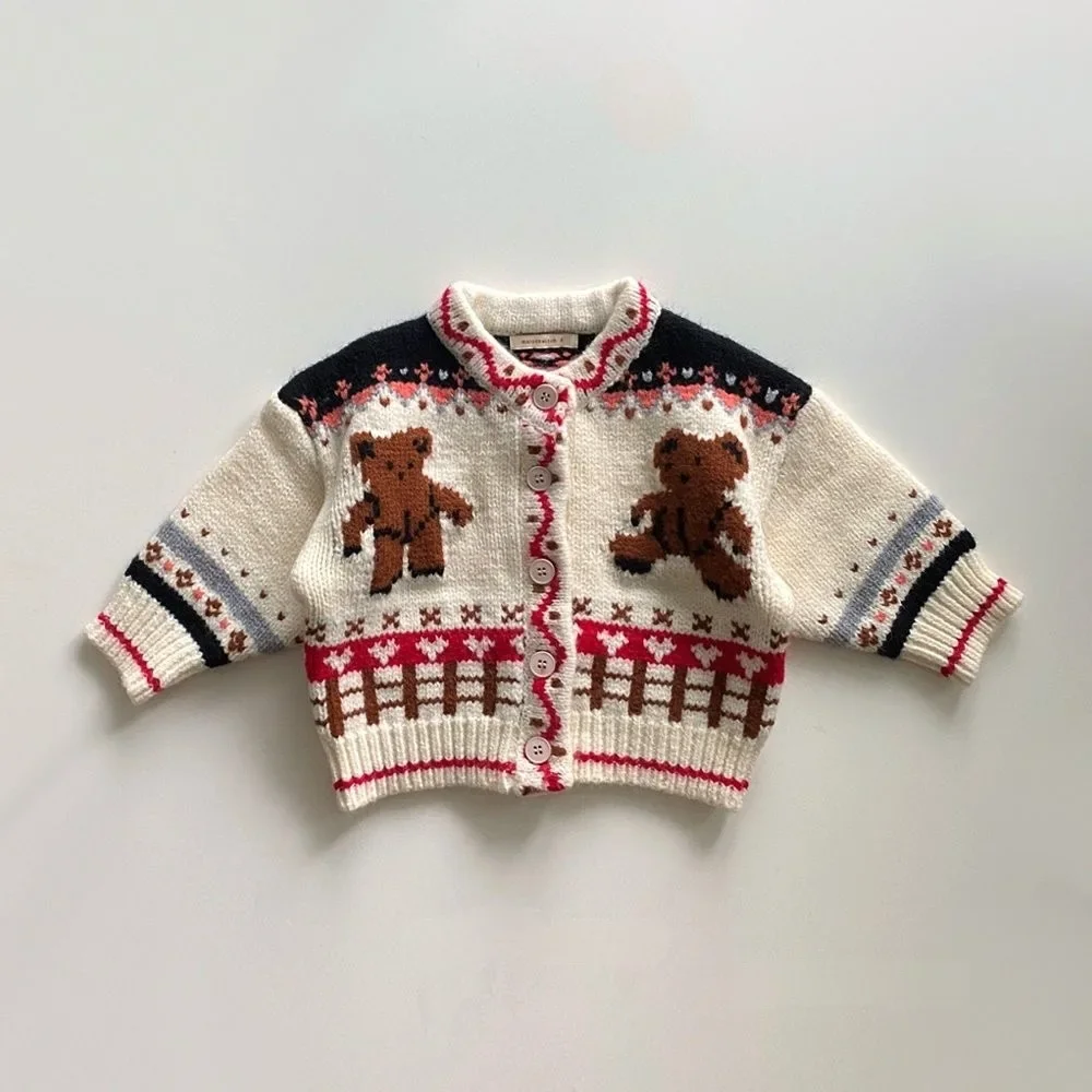 3797C Ins Korean Children Knitted Sweater Autumn Winter Cotton Soft Fashion Bear Knitted Boy's Cardigan Girl Sweater Coat 3