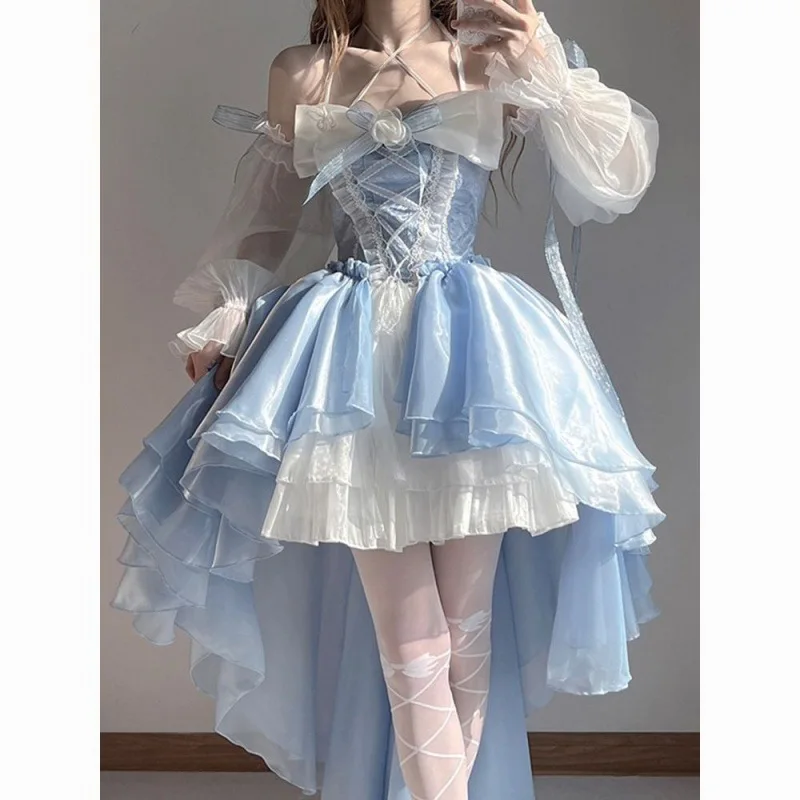 

Japanese Harajuku Blue Lolita Dress Bow Princess Dress Ruffled Lace Girl Lovely Lolita Set Japanese Style Fashion Lolita Suit