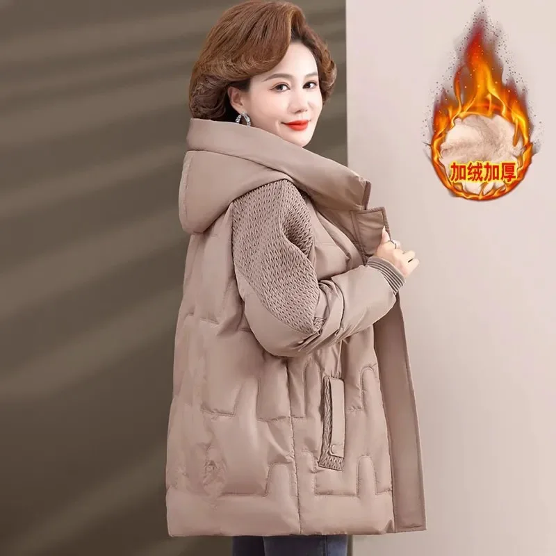 

New Women's Short Down Cotton Coat Winter Add Velvet Thickened Warm Hooded Parka Outerwear Female Cold Padded Jacket Purple 5XL