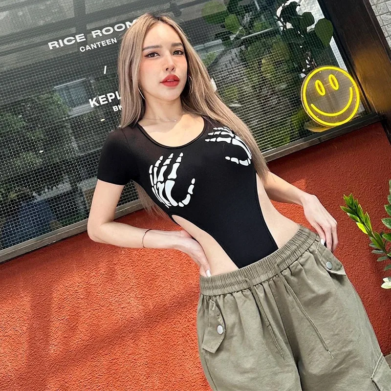 

Summer 2023 Black Skeleton Print Jumpsuits for Women Short Sleeve Bodysuit Bodycon Women Catsuit One-pieces England Wholesale