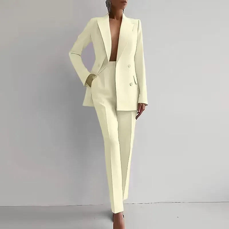 Elegant Commuter Career Outfits Fashion Lapel Collar Button Blazer & Pencil Pants Sets Women Casual Long Sleeve Solid 2Pc Suits