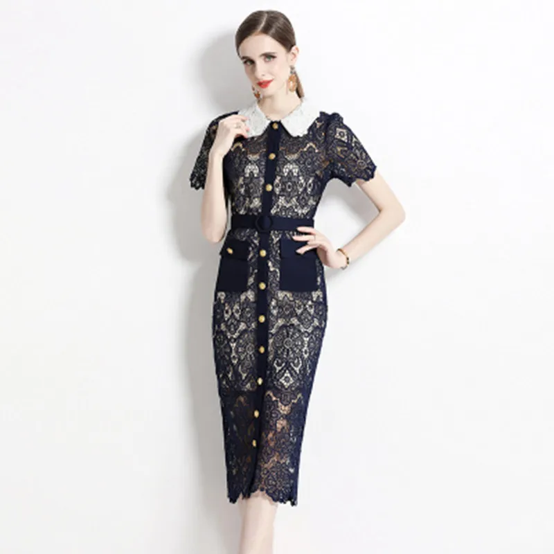 

Женское винтажное платье с коротким рукавом, модельное дизайнерское ажурное однобортное платье с поясом, роскошное летнее платье