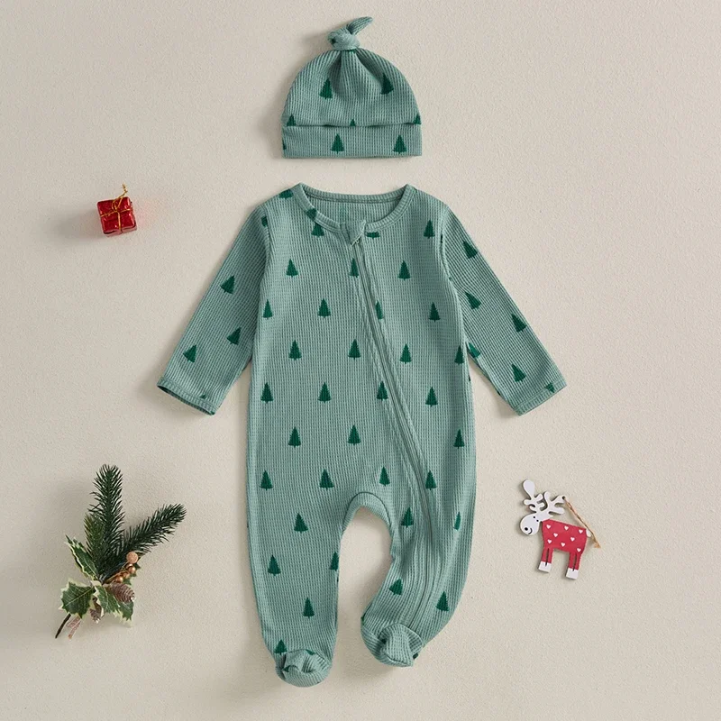 0-12Months Baby Boy Christmas Jumpsuit Christmas Tree Print Long Sleeve Zip-Up Footed Romper Knot Hat 2 Piece Set
