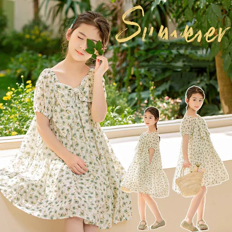 

JUCPKID 2024 Korean Summer Children Girl Floral Dress Teenager Girl Bowknot Bubble Sleeve Princess Dress School Girl Prom Dress