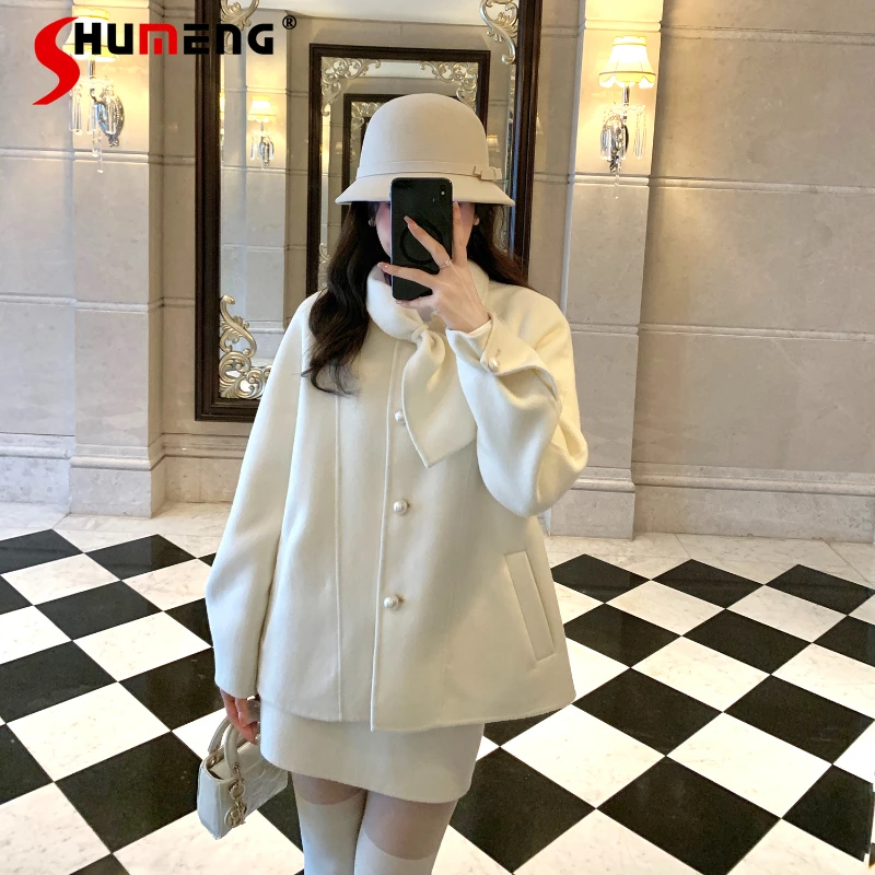 2023 Autumn And Winter New Japanese Lolita Wool Socialite Style Pearl Double-Faced Woolen Long Sleeved Jacket Women's Clothes flower newborn hat for girls pearl autumn winter baby beanie imitation wool infant turban hats baby bonnet toddler accessories