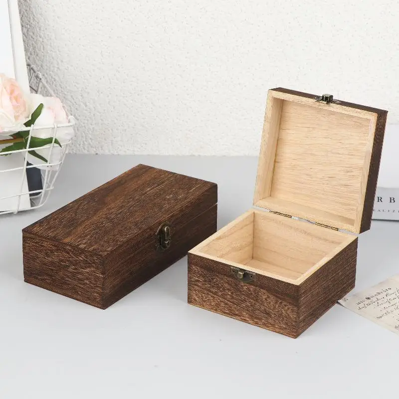 For Home Decoration DIY Hand-Made Mother's Day Vintage-Inspired Wooden Boxes With Lid Square Hinged Jewellery Craft Storage Box