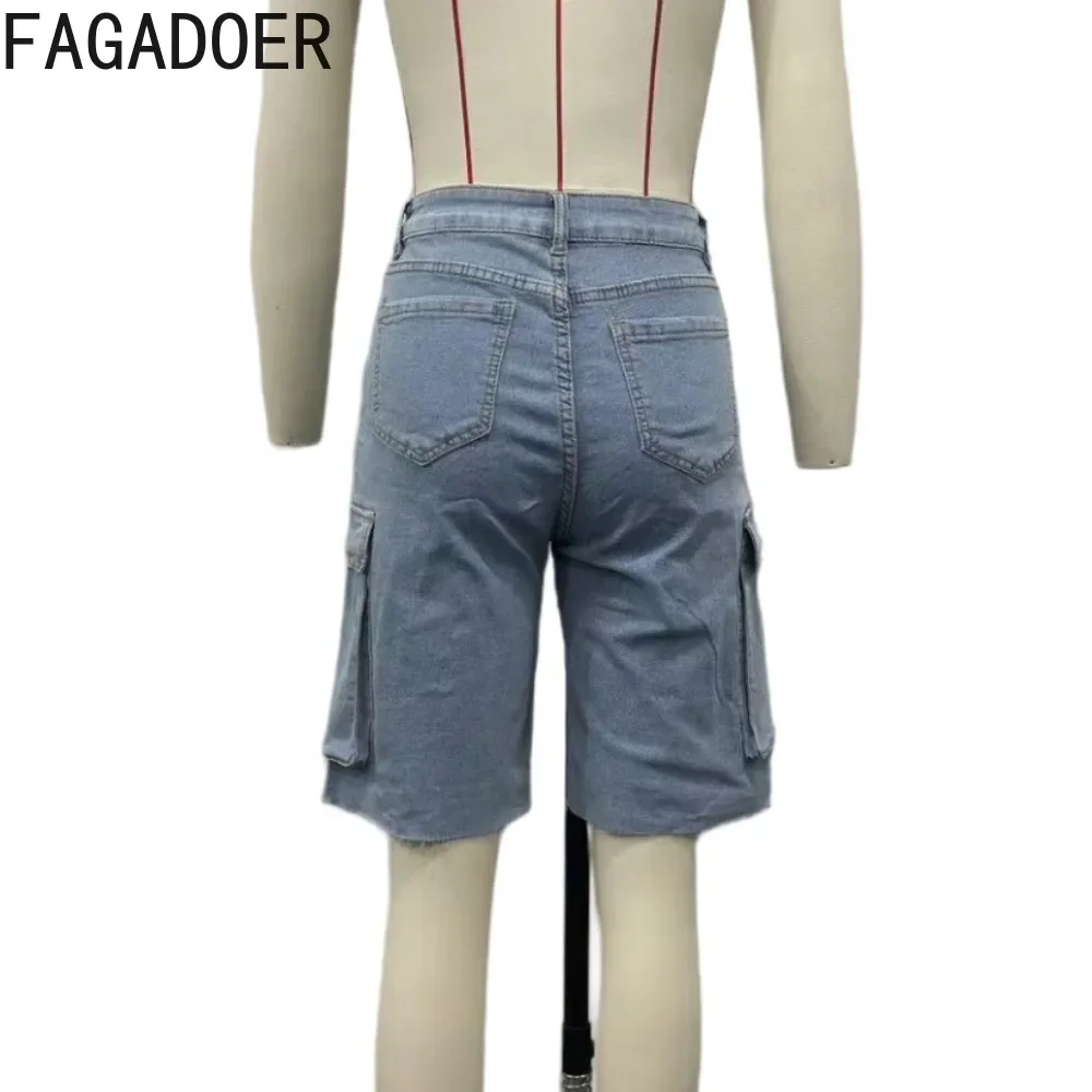FAGADOER Blue Casual Straight Denim Shorts Women High Waisted Button Pocket Cowboy Bottoms Autumn Casual Solid Sporty Jean 2023