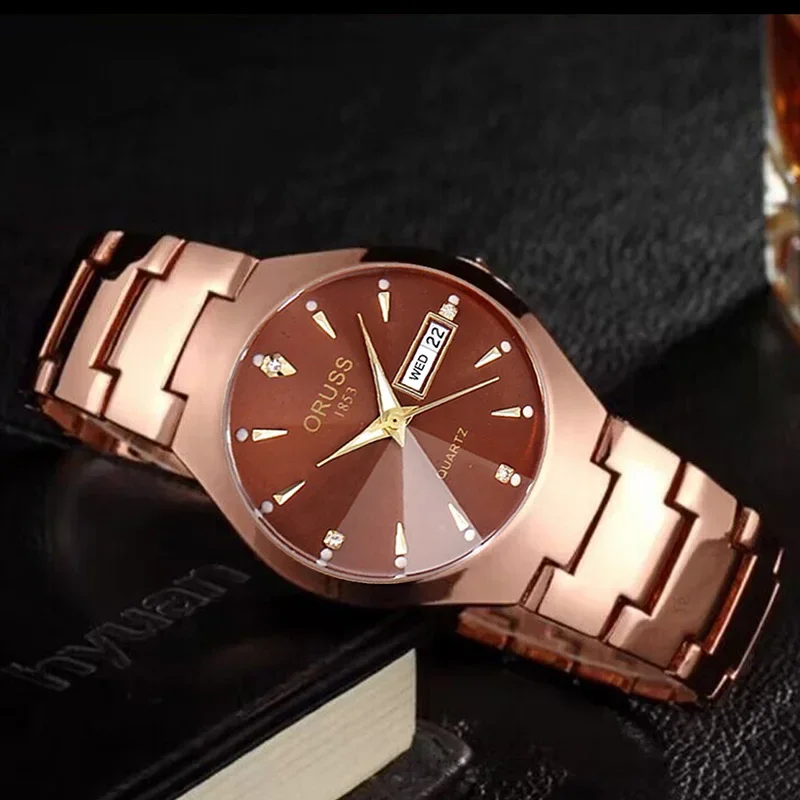 Oruss Fashion Couple Watch Casual Women Men Quartz Waterproof Watch Ladies Stainless Date Week Men Clock Lover's Gift Watch, Alina Gadgets