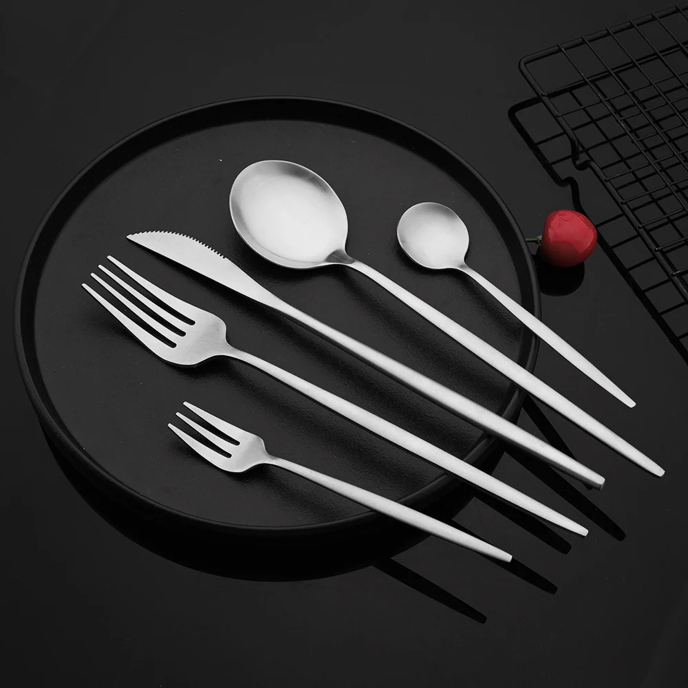 Description Picture 3 of item6Pcs Silver Tableware Set Knife Fork Long Handle Spoon Dinnerware Dessert Flatware Matte Cutlery Stainless Steel Silverware