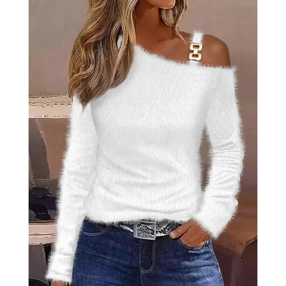 

2023 Spring Women Cold Shoulder Long Sleeve Fluffy Tee Top Fashion Casual Skew Neck Female T-Shirt Solid Color Streetwear