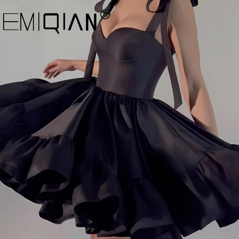 High Quality Elegant Black Short Prom Dresses Puffy Skirt Bow Strap Lace up Closure Cocktail Dress