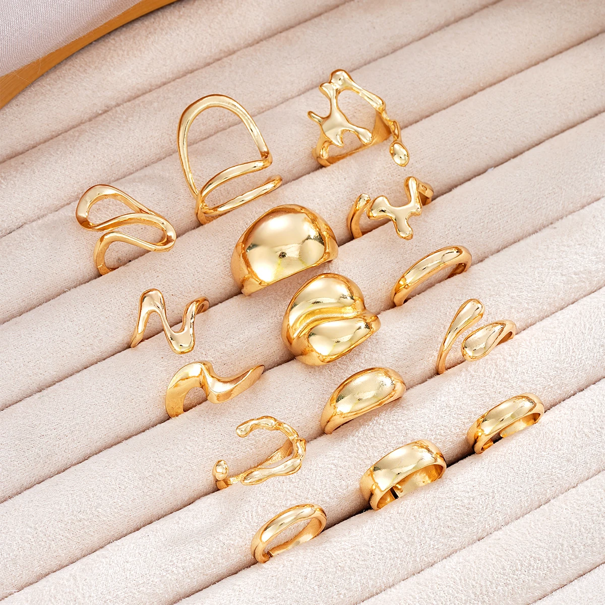 15 Pcs Vintage Smooth Rings Set for Women Fashion Gold Color Irregular Geometric Opened Rings Party Birthday Jewelry Gifts ring set,gold color rings,finger ring,gold color ring,opening ring,adjustable rings,jewelry accessories