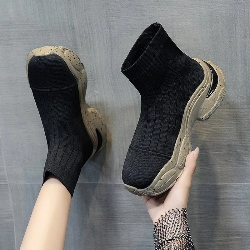Women Shoes Fashion Knitted Breathable Platform Sports Shoes Outdoor Casual Shoes Platform Soft Sole Comfortable Walking Shoes