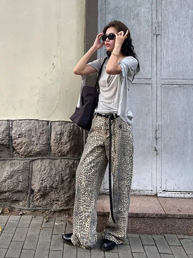 Y2K American Leopard Washed Jeans Female Street Retro Hot Girl Loose Pants Korean Style Casual High Waist Straight Jeans Women