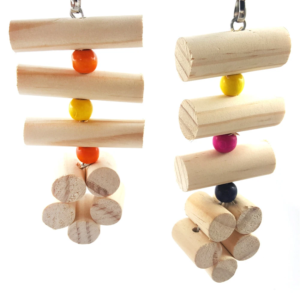 1 PC Natural Wooden Parrot Swing Chew Toys with Random Color Beads Fun Hanging Molar Toy for Pet Bird Hamster Chinchilla Rabbit