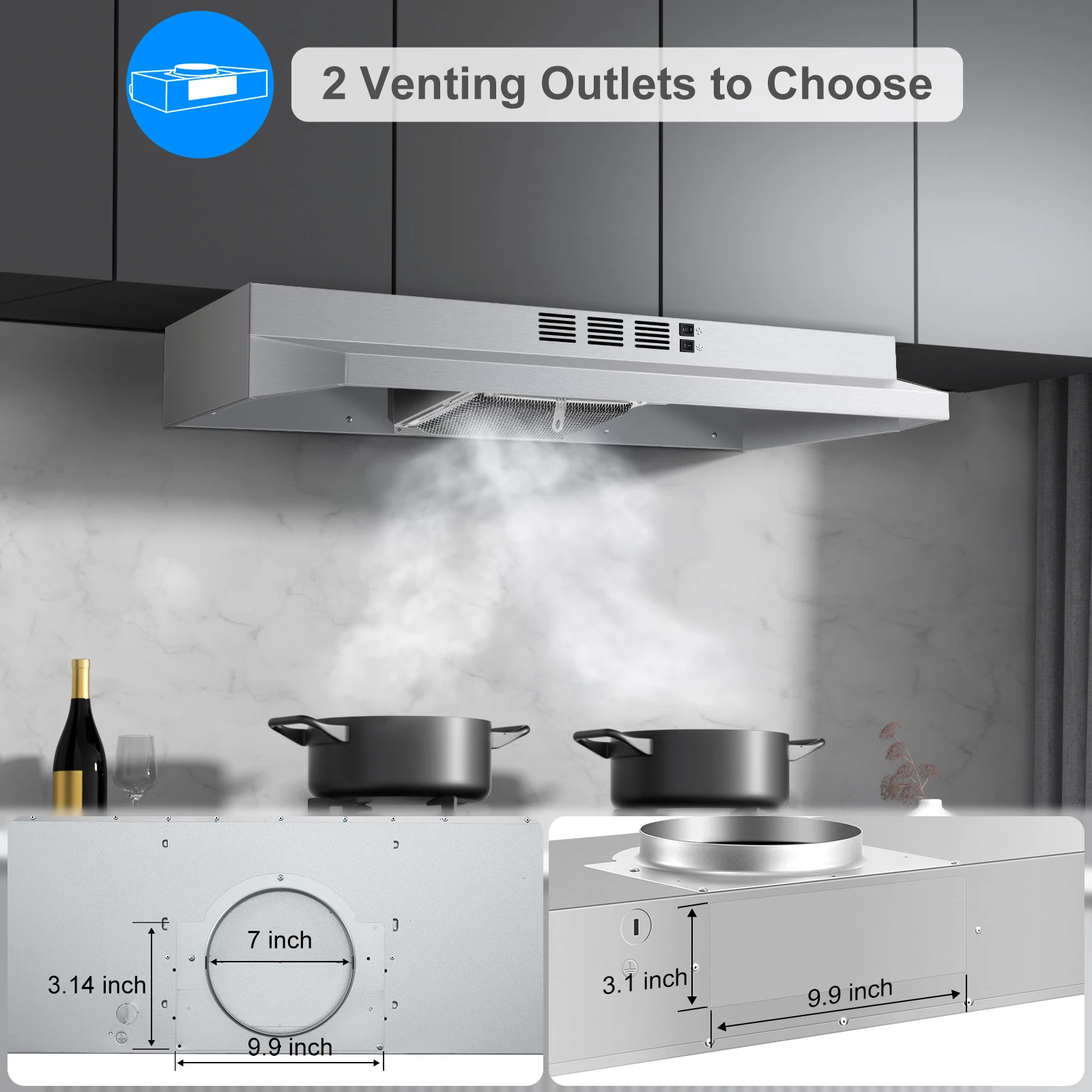 24 Inch Under Cabinet Kitchen Stainless Top Rear Exhaust Vent 2 Speed with LED Bulb Filter Range Hood 4