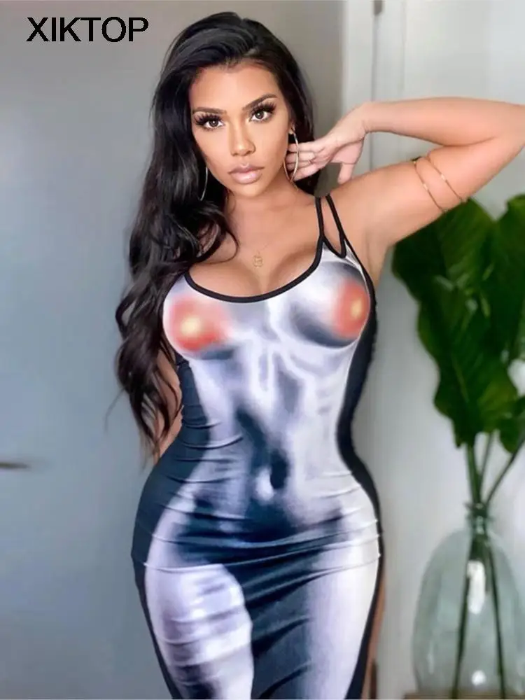 

Xiktop 3D Body Print Sexy Dresses Y2k Streetwear Asymmetric High Split Long Dress Club Wear New Arrival 2023 Clothing Wholesales