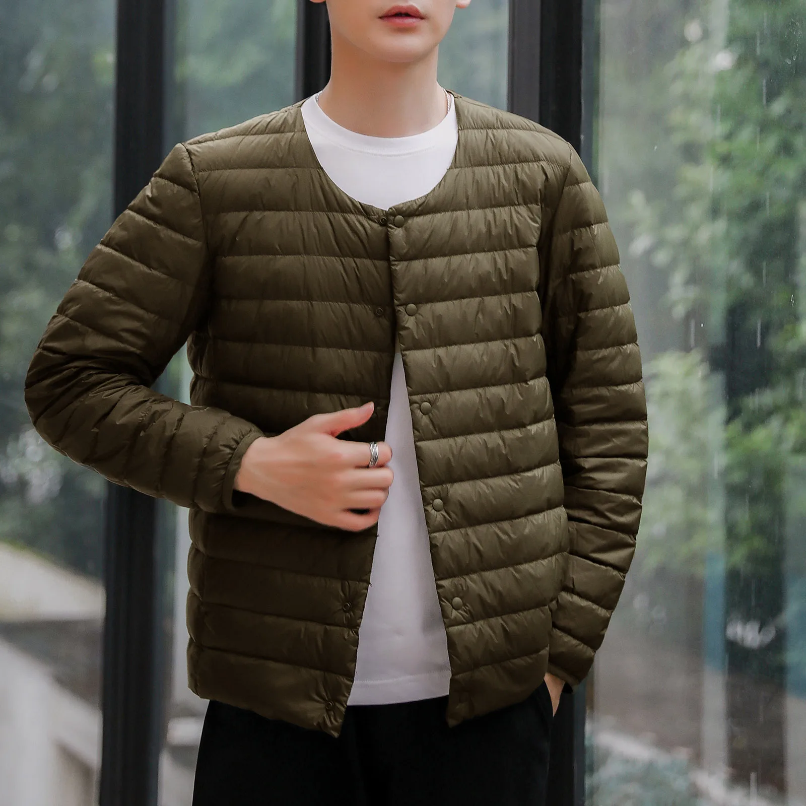 Mens Packable Solid Down Coat Round Neck Lightweight Padded Jackets Spring Buttons Single Breasted Loose Puffer Jacket Coat Male retro fashionable chic single breasted tweed short coat for women spring round neck all match temporament female jackets ins