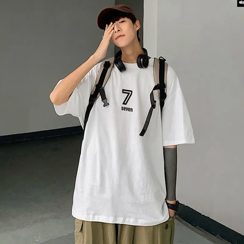 

T-shirt men short-sleeved trendy brand super hot number 7 print trendy Hong Kong style large size loose summer new couple top