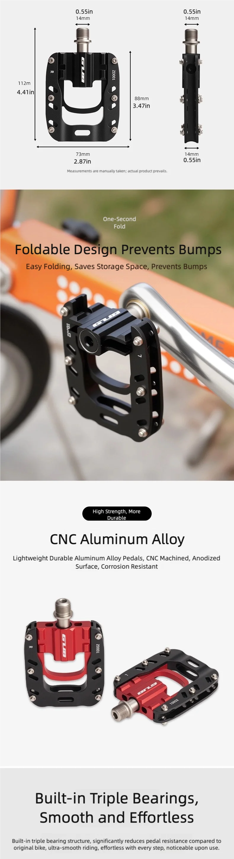 GUB ZD001 Fahrrad-Klapppedale mit Drei Lagern für Rennrad und Mountainbike aus Aluminiumlegierung, Rutschfeste Pedale – Detail 2