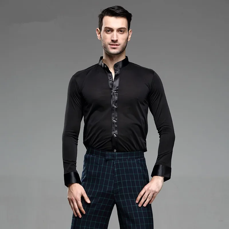 Men White Dance Shirt Competition Performance Ballroom Modern Salsa Tango Samba latin top men shirts boys dancewear dance shirts