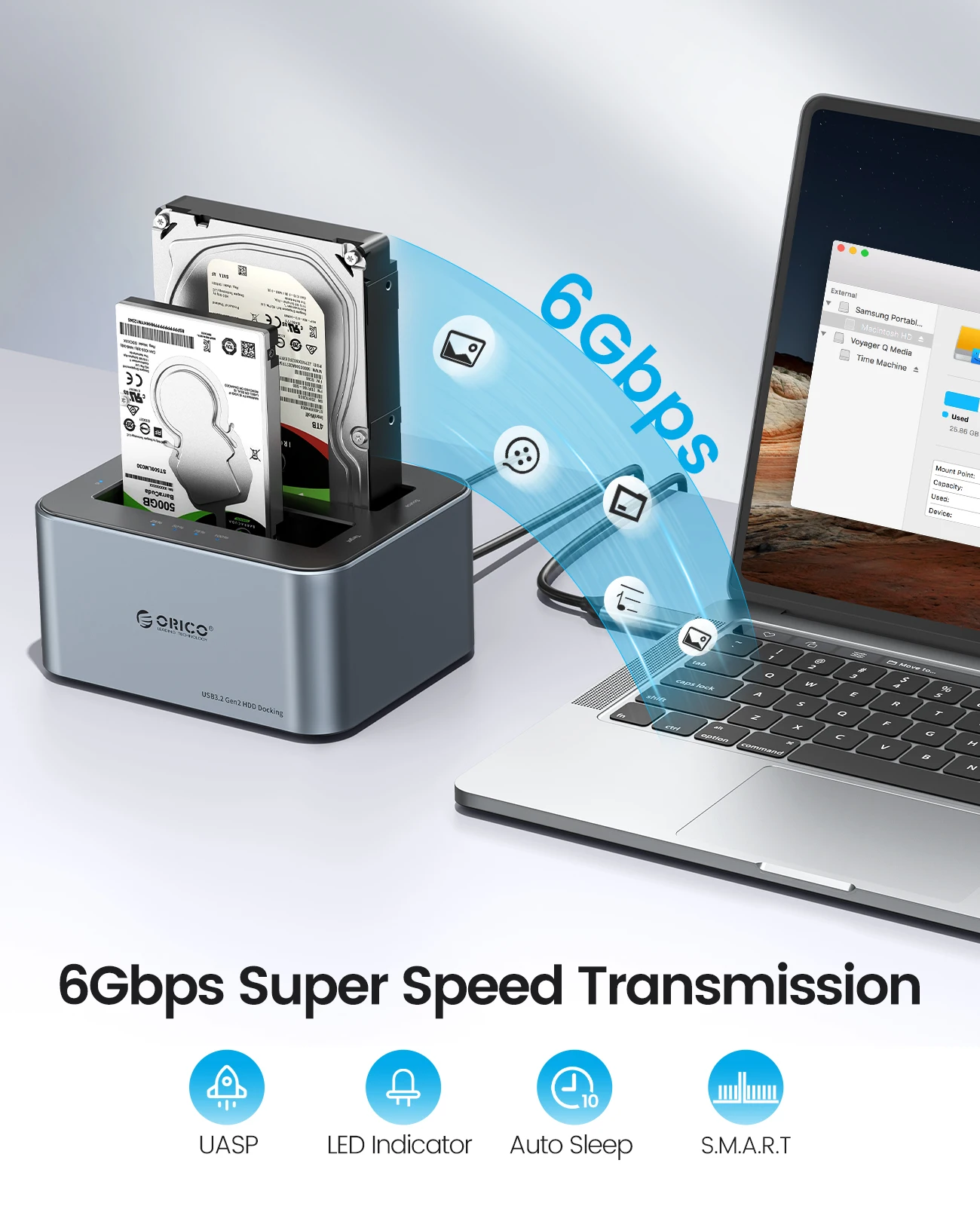 ORICO Aluminum Dual-bay Hard Drive Station Type-C 10Gbps Offline Clone 2.5/3.5