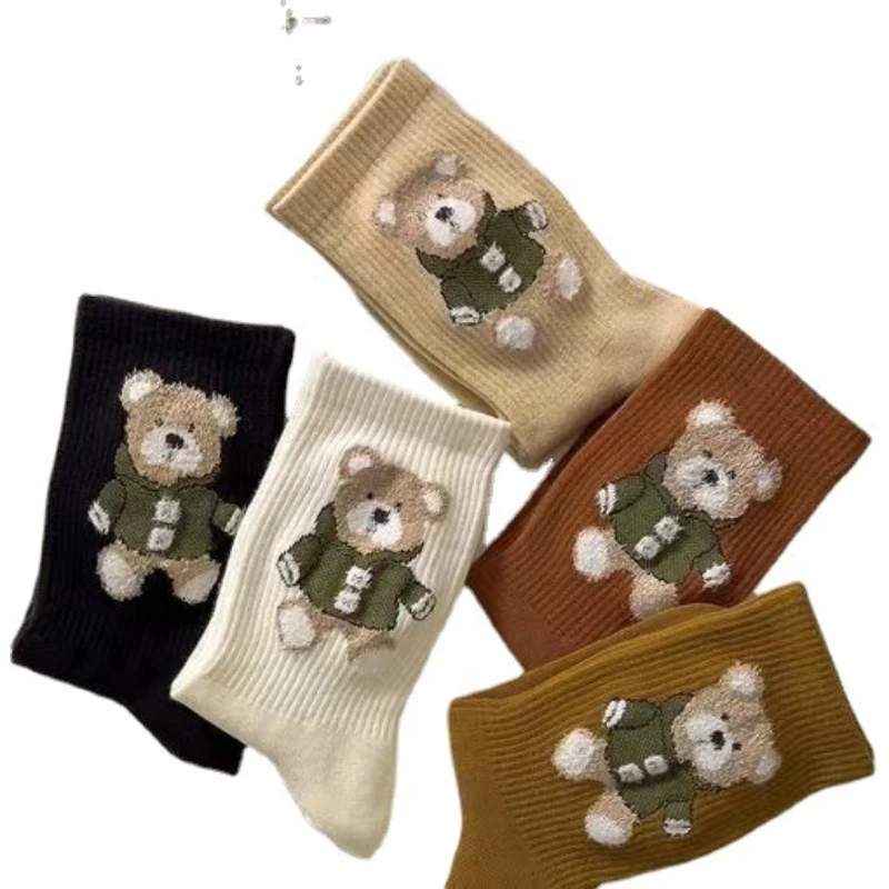 Socks Women\'S Autumn Winter Spring Kawaii Bear Cute Cartoon Harajuku Short Middle Tube Sock Sports Cotton Calcetines Mujer meias