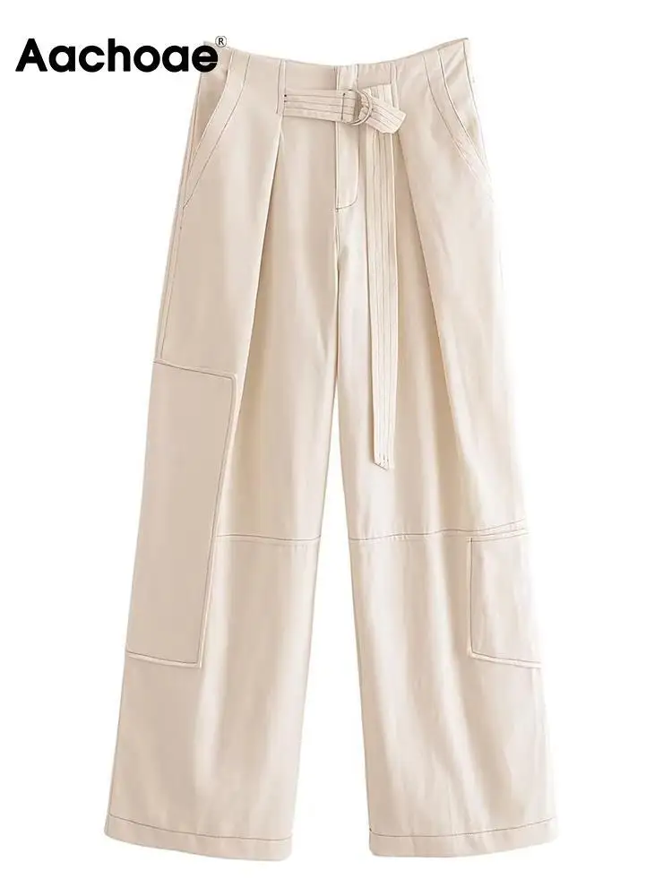 

Aachoae Women Fashion Solid Color Wide Leg Pants Casual Zipper Fly Lace Up Long Pants Ladies Chic Long Pants With Pocekt