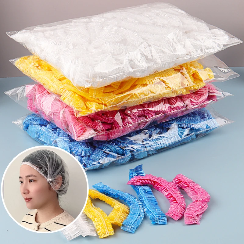 100PcsDisposablePlasticHairCapWomenWaterproofSpaSalonHotel