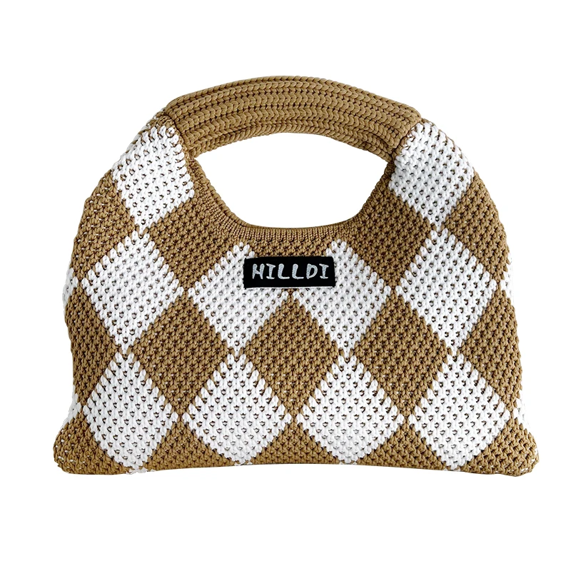 Soft Handwoven Diamond Lattice Knit Small Top Handle Bag Contrast Color Plaid Mini Tote Cute Y2K INS Style Minimalist Wholesale