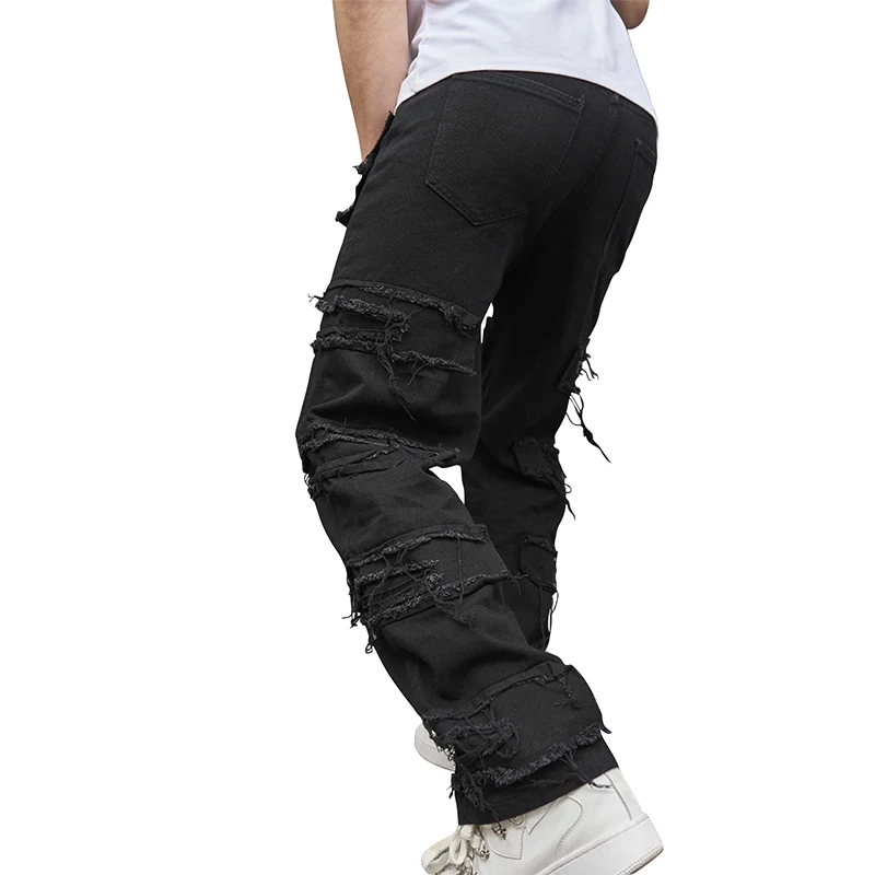 

Mens Regular Fit Stacked Jeans Slim Ripped Jeans Destroyed Straight Denim Pants Harajuku Hip Hop Trouser Streetwear