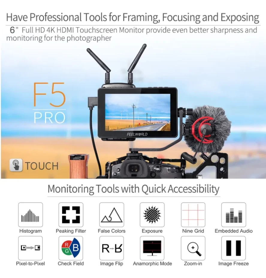 FEELWORLD F5 Pro V4 6 Inch 3D LUT 4K HDMI Touch Screen DSLR Camera Field Monitor Power Output F970 Install and Power Kit