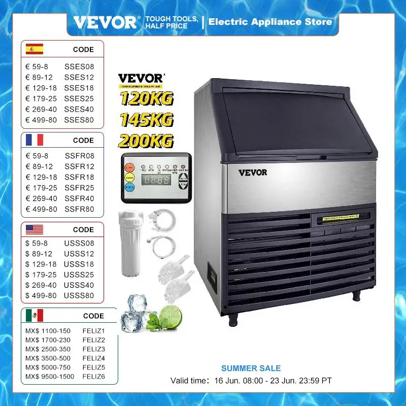 

VEVOR Commercial Cube Ice Maker 120/145/200 KG/24H Freestanding Auto Clean Liquid Freezer Ice Generator Machine Home Appliance