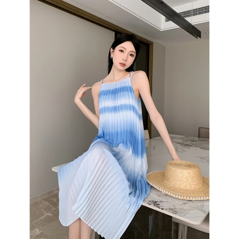 

Женское платье в стиле ретро, голубое элегантное платье контрастных цветов, бальное платье без рукавов в Корейском стиле, лето 2024