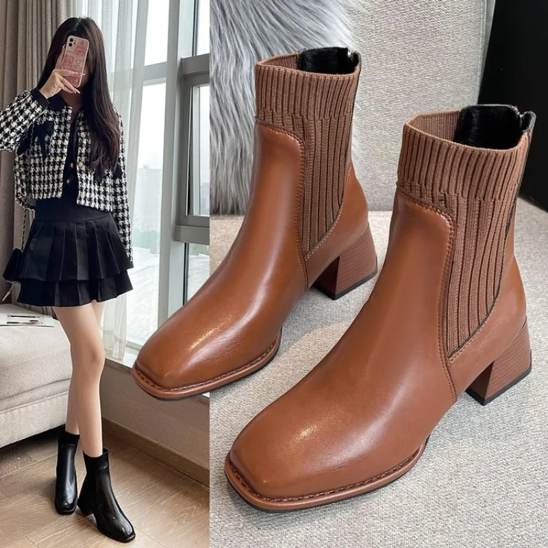 Shoes for Women 2023 Winter New Square Toe Women's Boots High Quality Brown Ankle Boots Simple Versatile Platform Ladies Boots