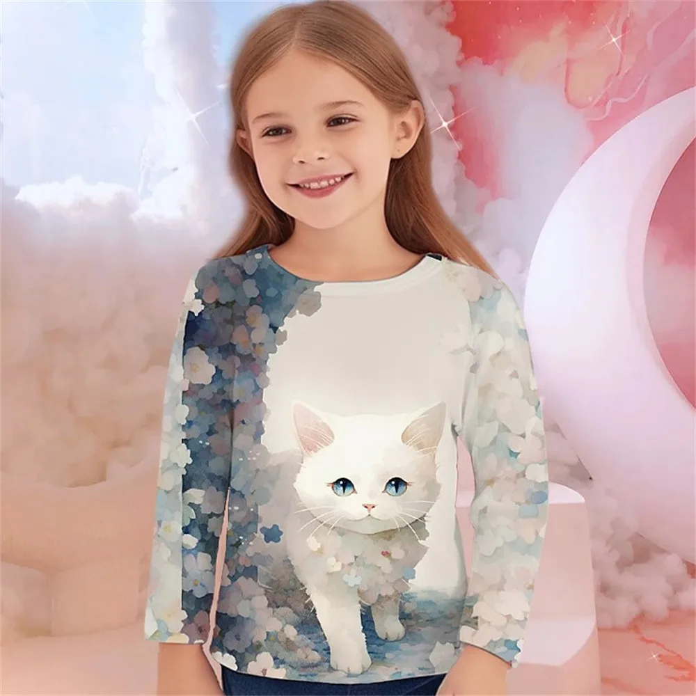 2024 Summer Girls Boy Children T-Shirts Fashion Cat Print O-Neck Clothing Polyester Baby Clothes Casual Cartoon Short Sleeve Top