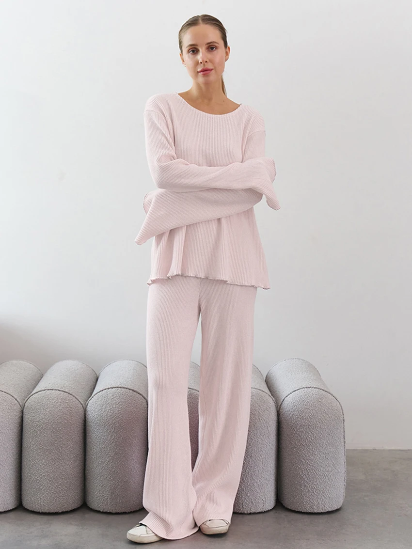 Marthaqiqi Winter Ladies Pajamas Set O-Neck Sleepwear Long Sleeve Nightgowns Wide Leg Pants Casual Female Nightwear 2 Piece Suit