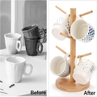 Bamboo Mug Holder 6 Hook Coffee Mug Tree Holder Mug Hanging Display Rack Drinkware Shelf Tea Cup Storage Holder Stand Kitchen To 4