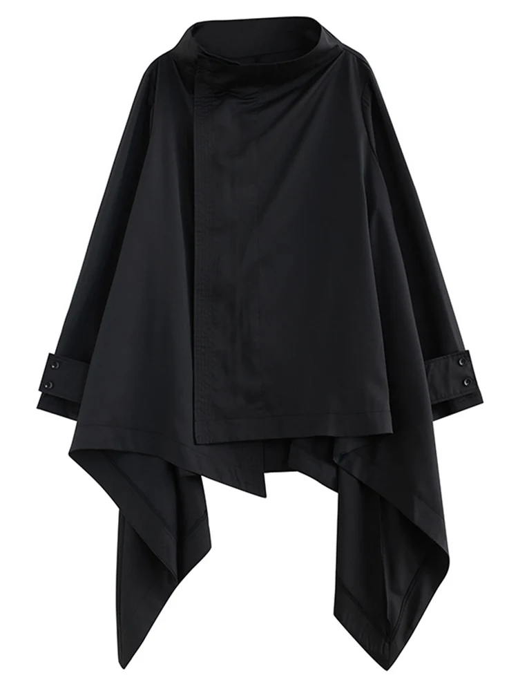 2025 Spring Autumn Black Vintage Asymmetrical Jacket Women Coat Casual Loose All Match Oversized Fashion Stand Collar Outerwear