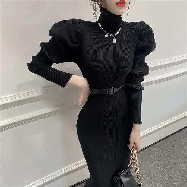 

Bubble sleeve high neck knitted bottom dress for women's 2023 autumn and winter new sweater long dress