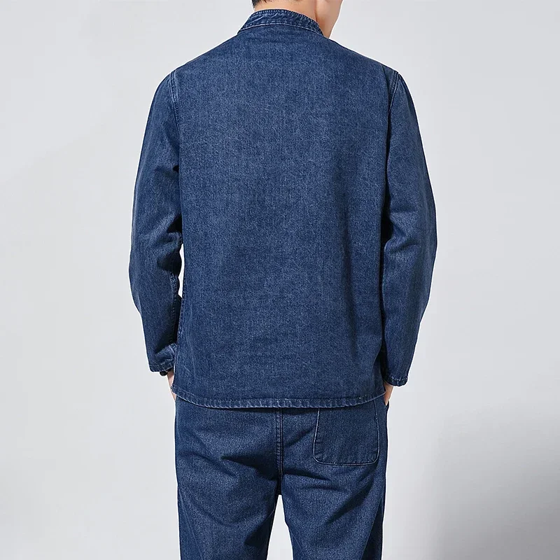 Men Chinese Style Shirt Autumn Men's Chinese Style Tang Suit Washed Denim Top Stand Collar Jacket Denim Jacket Men Casual Cotton coat Men
