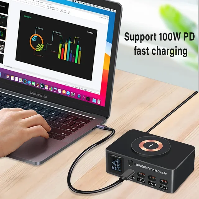 140W USB Type C Charger Magnetic Wireless Charging Multi Ports Fast Charger PD QC3.0 Charge For iPhone Xiaomi Samsung Laptop 4