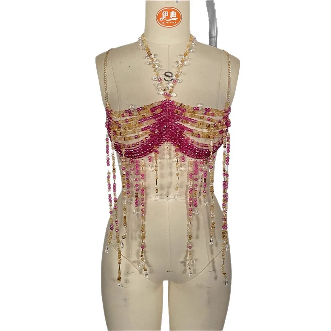 Women's Beading Vest Hollow Out Tops Body Beachwear Lingerie Harness Beaded  Bralette Neck Bra Bustier Bra Women Club Rave