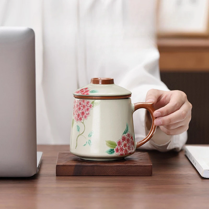 Chinese Style Ceramic Cartoon Floral Pattern Mug, Personal Creative Teacup, With Cover Filtered Tea Water Separation, 400ml, 1Pc
