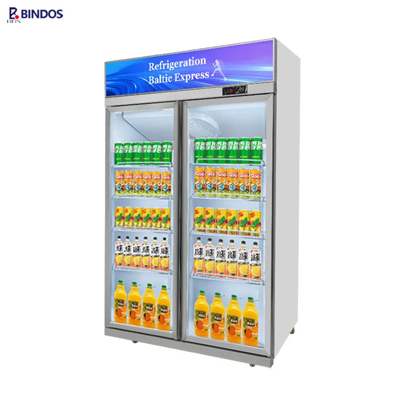 Commercial Supermarket Fruit Dink Display Fridge Two Glass Door Vertical Freezer Bar And Canteen Glass Door Display Cooler