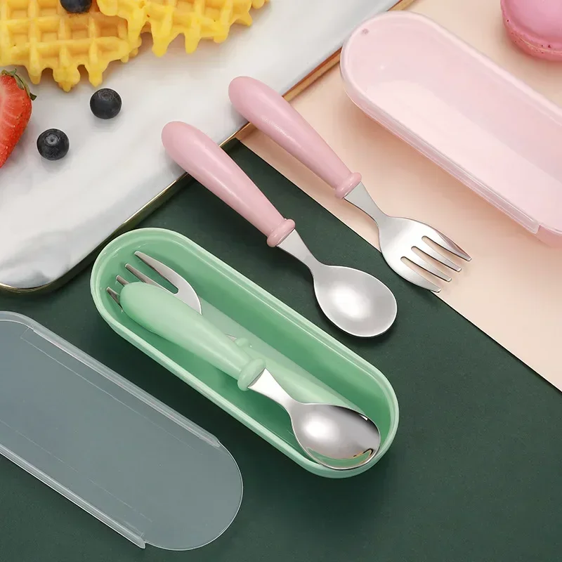 Baby Feeding Tableware Set Children Utensil Stainless Steel Toddler Dinnerware Cutlery Cartoon Infant Food Feeding Spoon Fork